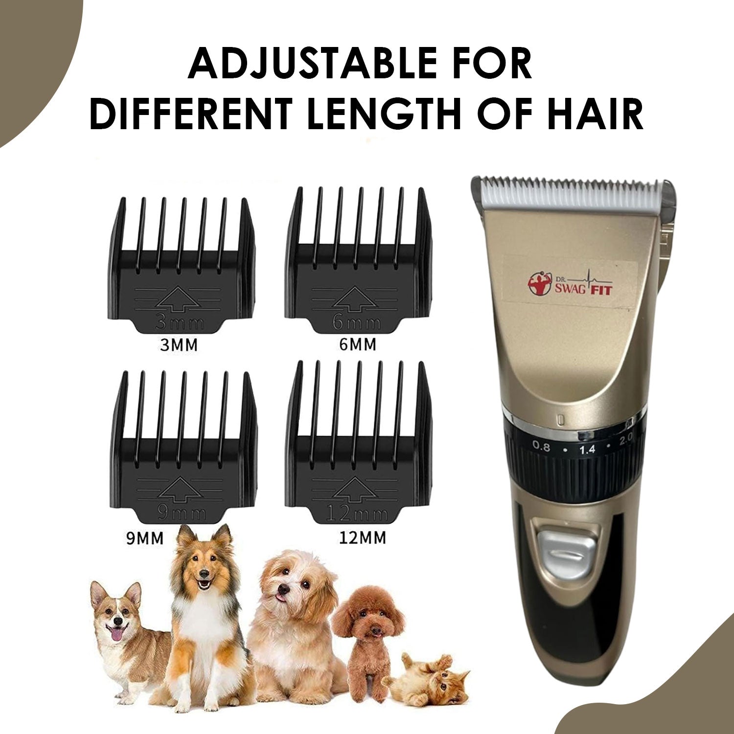 Dr. Swag Fit Professional Cordless Pet Grooming Kit, USB Rechargeable Low Noise Clipper with Detachable Blade, Ultra-Sharp Blades Rechargeable Grooming Kit, All in One Box Stress-Free Pet Grooming