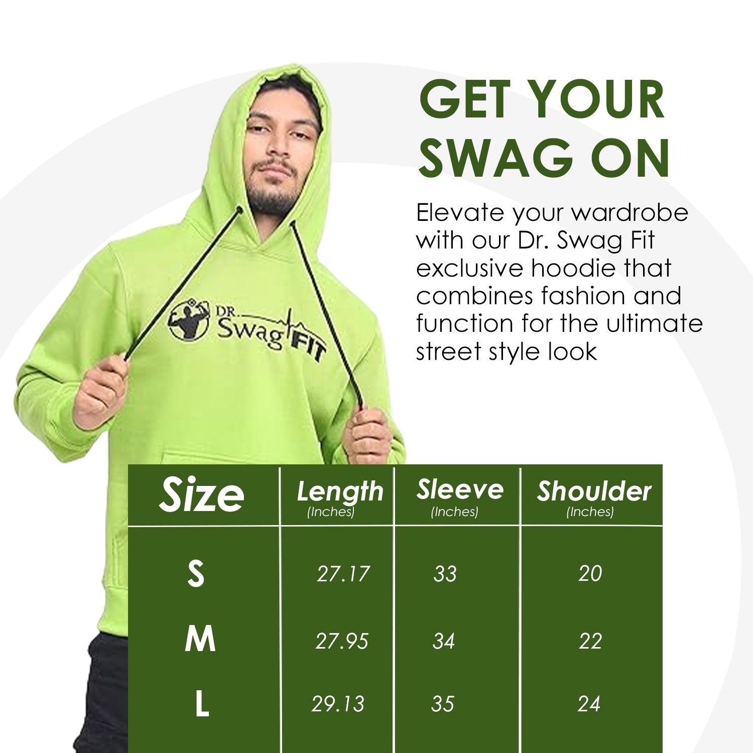 Dr. SwagFit Unisex Adult Classic Green Hoodie, Fleece Hoodie Jacket for Men and Women, Casual, Warm, Hooded Sweatshirt Pullover