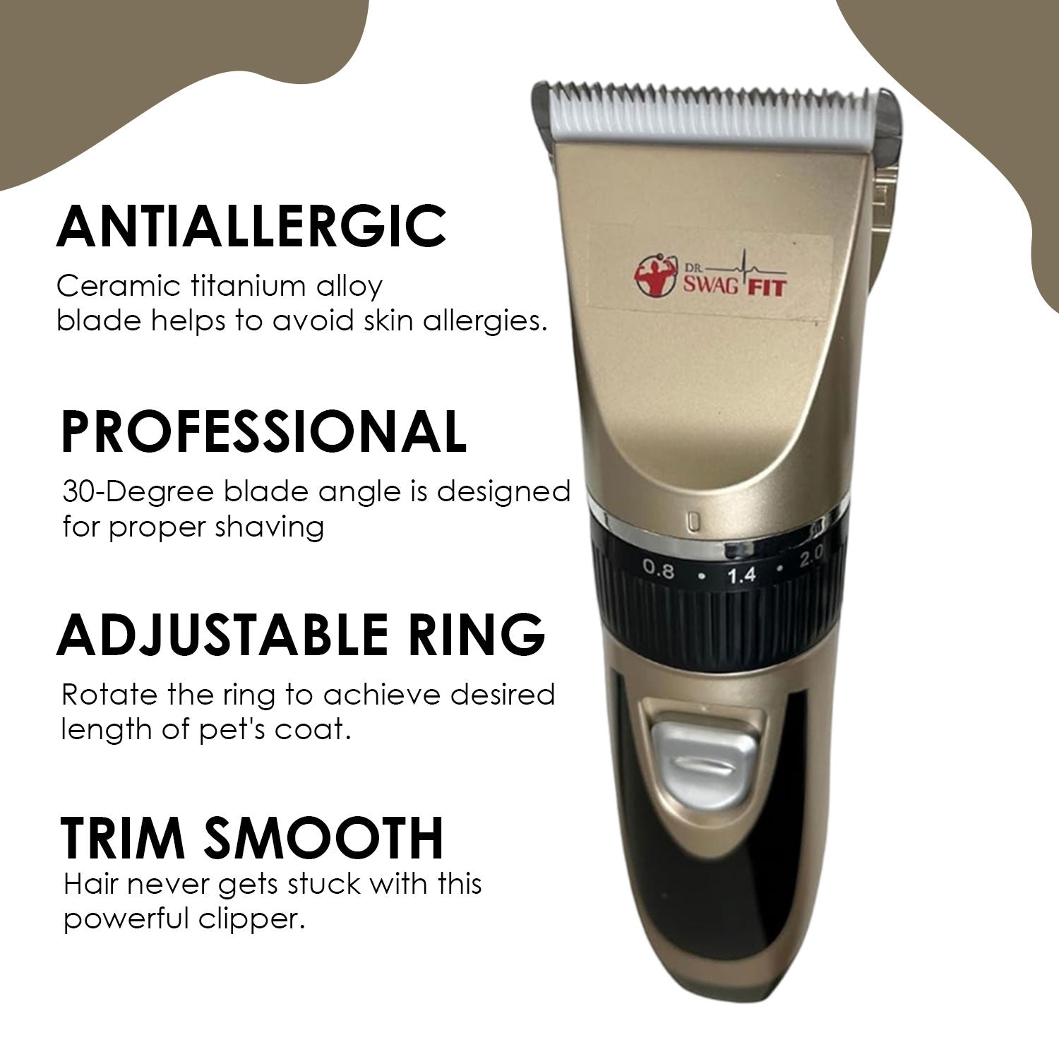 Dr. Swag Fit Professional Cordless Pet Grooming Kit, USB Rechargeable Low Noise Clipper with Detachable Blade, Ultra-Sharp Blades Rechargeable Grooming Kit, All in One Box Stress-Free Pet Grooming